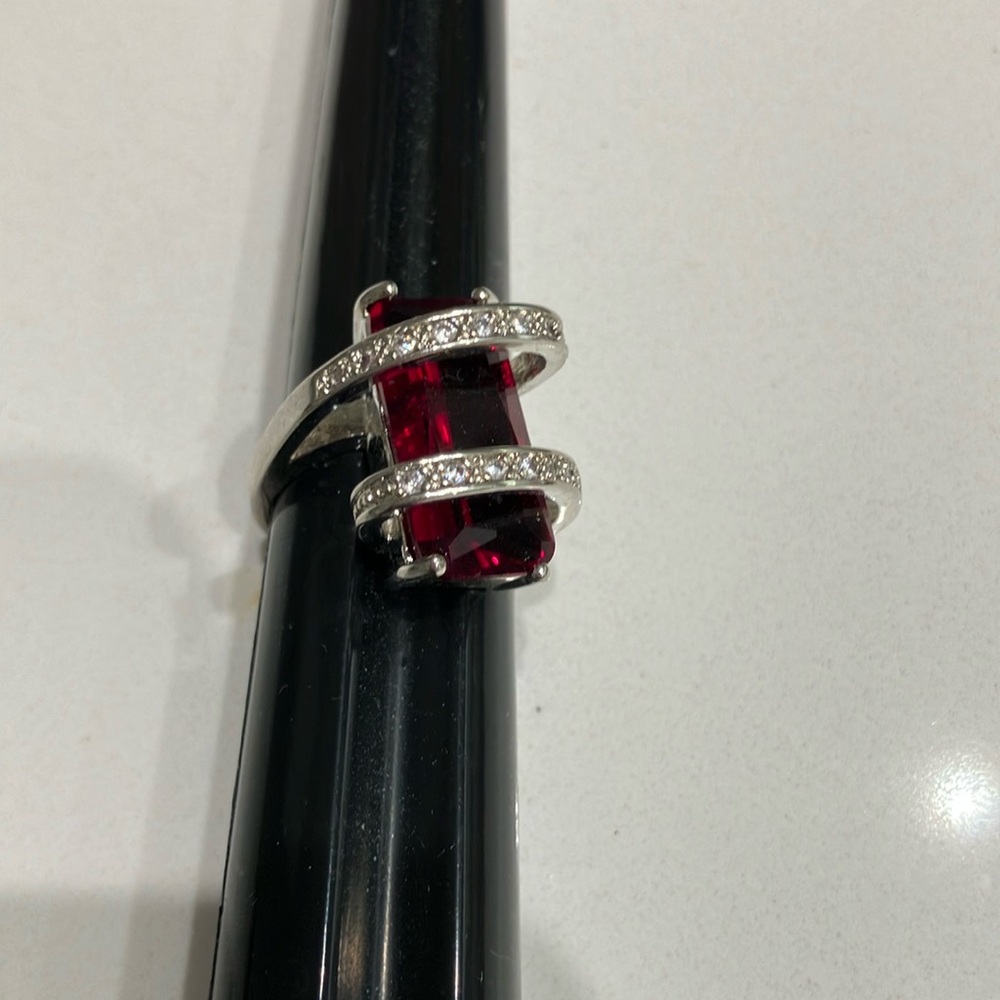 Ruby Red S925 Red and Silver Ring with Rhinestone Accents size 8
